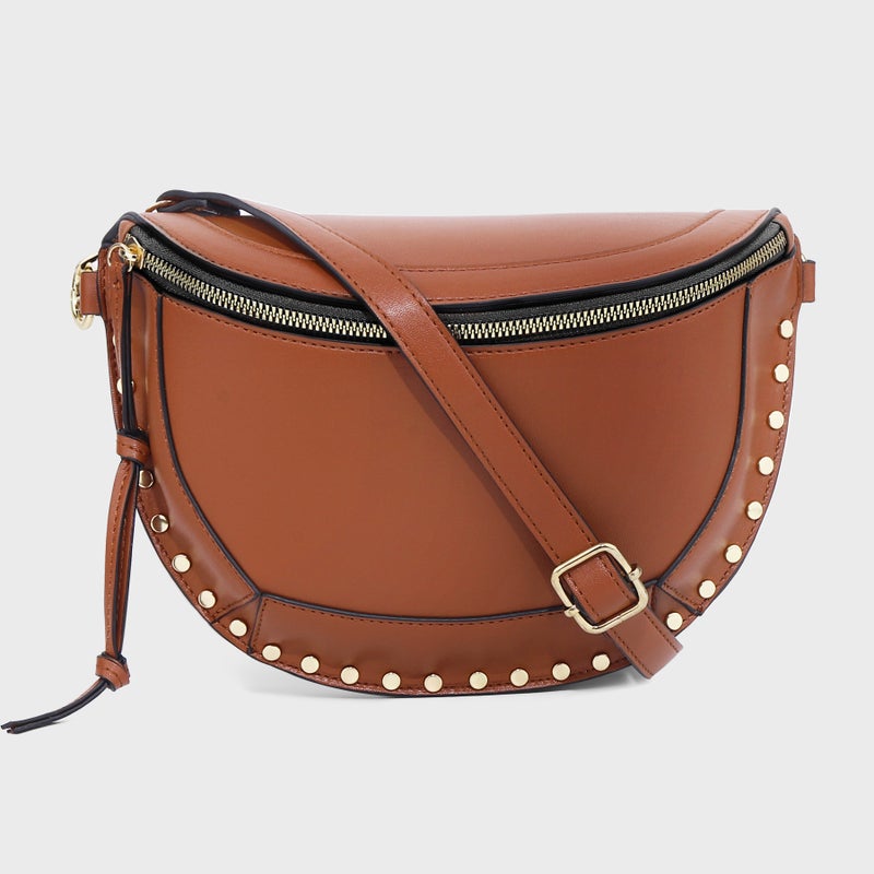 IS Moon Bag Classic Fashion Rivet High Quality PU Shoulder Handbag Crossbody Bag - Brown - Image 1