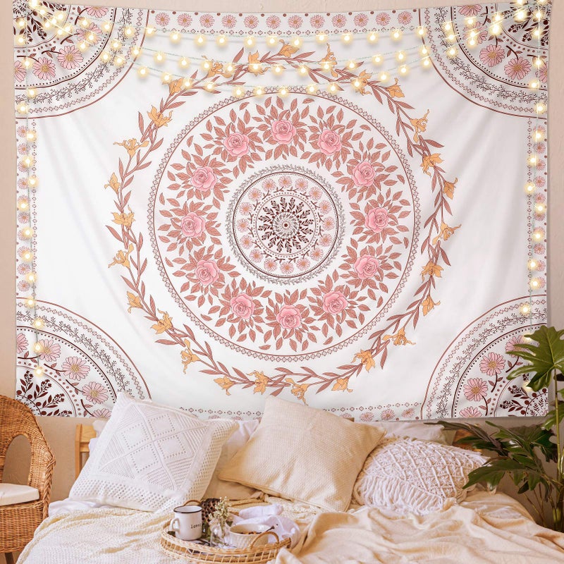 FLY SPRAY Mandala Tapestry Aesthetic,Boho Tapestry Wall Hanging,Pink Floral Medallion Tapestries,Bohemian Wall Art Hippie Decor for Bedroom Living Room Dorm - Image 1