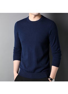 Mens Pure Wool Knitted Sweater round Neck Thin Style Autumn Winter Casual Top Quality Soft Long Sleeve Loose Fit Fashionable navy blue