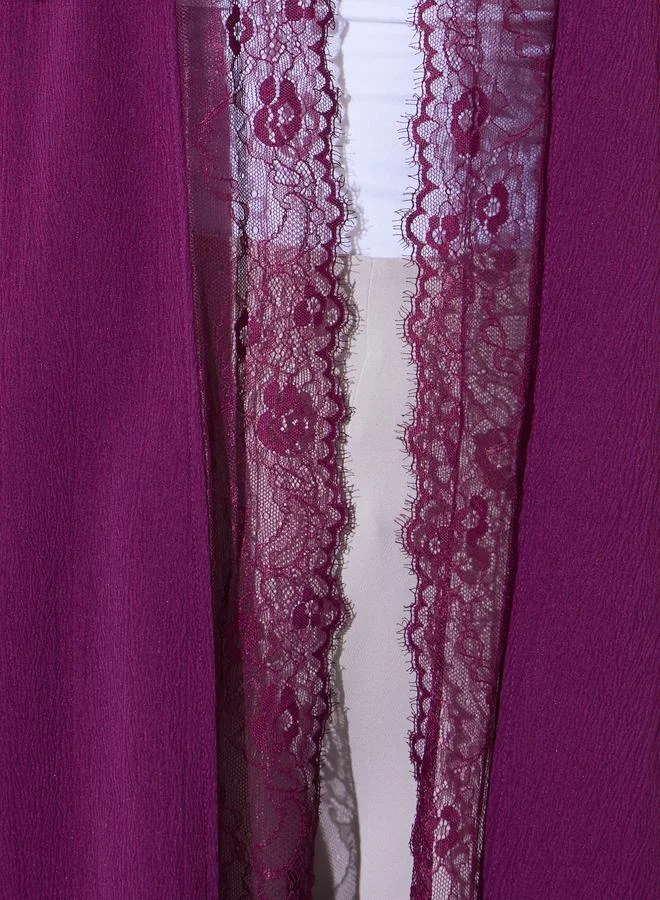 Amirah Burgundy Purple Front Open Abaya with Lace Trim for Women | Best Price UAE