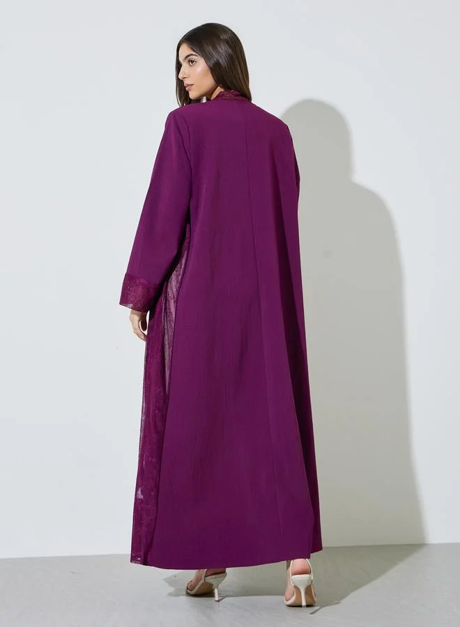 Amirah Burgundy Purple Front Open Abaya with Lace Trim for Women | Best Price UAE