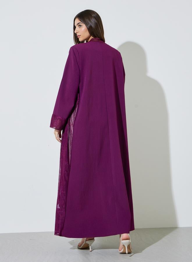 Amirah Purple Front Open Abaya with Lace Trim - Image 3