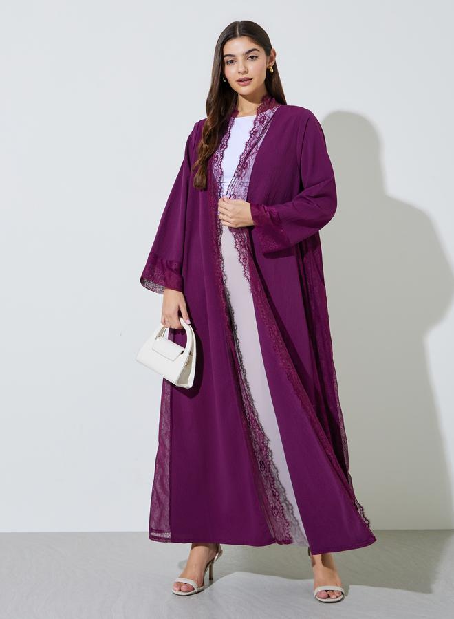 Amirah Purple Front Open Abaya with Lace Trim - Image 1