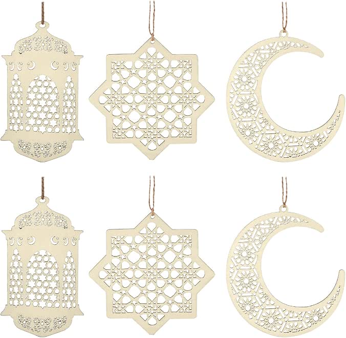 Maitys 2 Sets 6 Pieces Wooden Pendant Kareem Moon Star Wind Light Shape Ornament for Ramadan Mubarak Eid Decorations