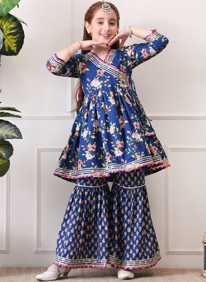 Indi-Loom Couture Girls Floral Printed Angrakha Gotta Patti Pure Cotton Kurta With Sharara - Image 3