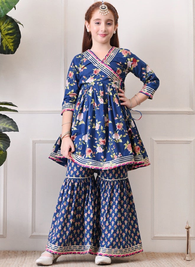 Indi-Loom Couture Girls Floral Printed Angrakha Gotta Patti Pure Cotton Kurta With Sharara - Image 1
