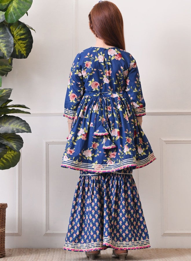 Indi-Loom Couture Girls Floral Printed Angrakha Gotta Patti Pure Cotton Kurta With Sharara - Image 2