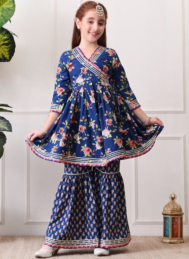 Indi-Loom Couture Girls Floral Printed Angrakha Gotta Patti Pure Cotton Kurta With Sharara - Image 4