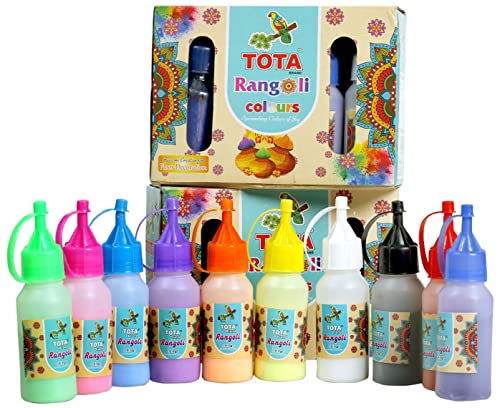 TOTA Rangoli Colours Powder Bottles | Set of 10 Unique Colours Powder in Squeeze Bottles - 800 Gram | Kolam Rangoli Tool for Floor Art, Craft, Home Decor, Pooja - Image 2