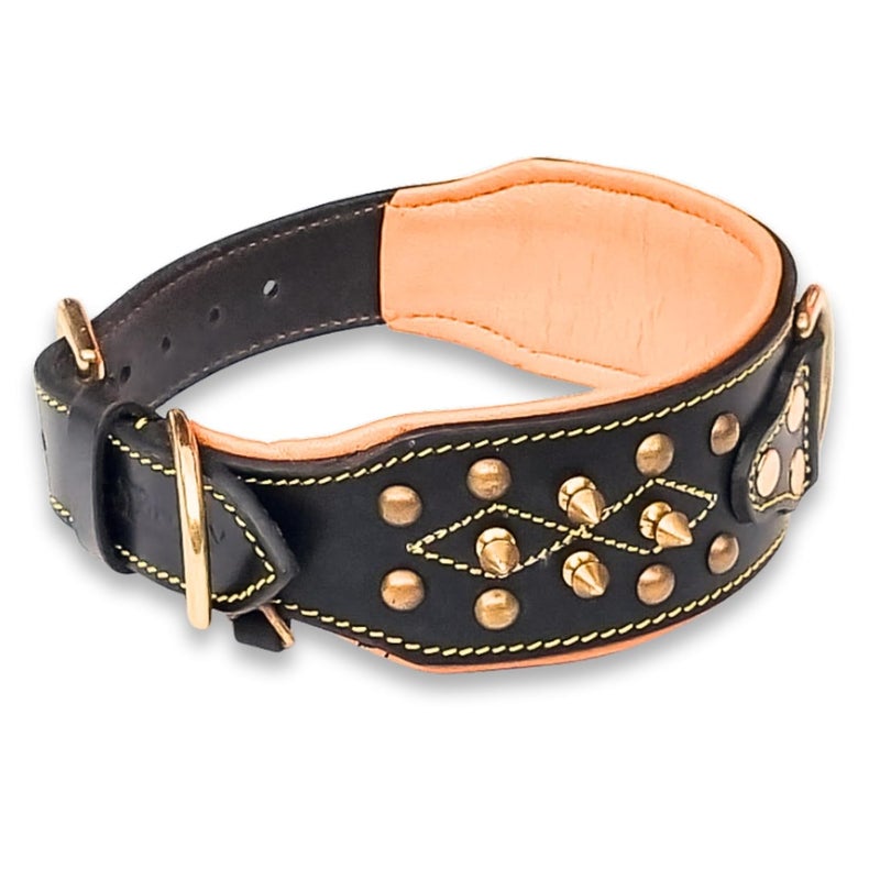Rubby Premium Leather Dog Collar with Soft Padding, Brass Studs & Brass Spikes, Genuine Leather Collar for Dog, 2 inch Width Heavy Duty Collar (Medium) - Image 3