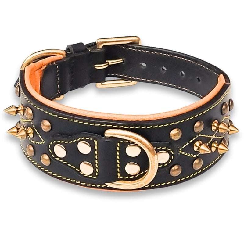 Rubby Premium Leather Dog Collar with Soft Padding, Brass Studs & Brass Spikes, Genuine Leather Collar for Dog, 2 inch Width Heavy Duty Collar (Medium) - Image 2