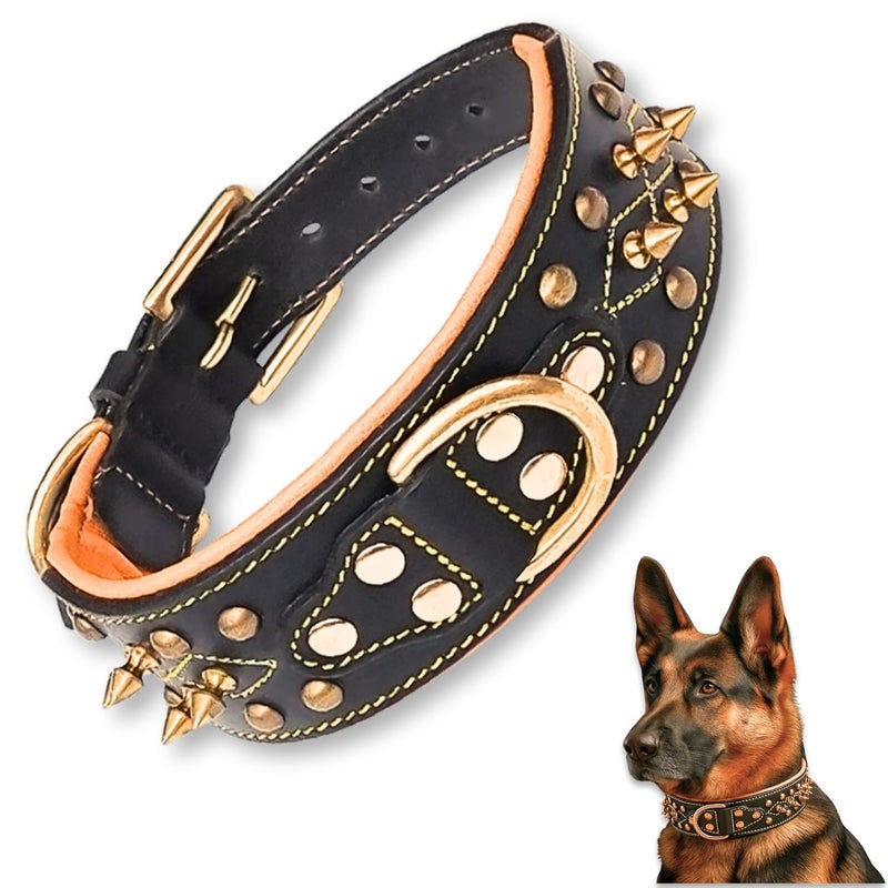 Rubby Premium Leather Dog Collar with Soft Padding, Brass Studs & Brass Spikes, Genuine Leather Collar for Dog, 2 inch Width Heavy Duty Collar (Medium) - Image 1
