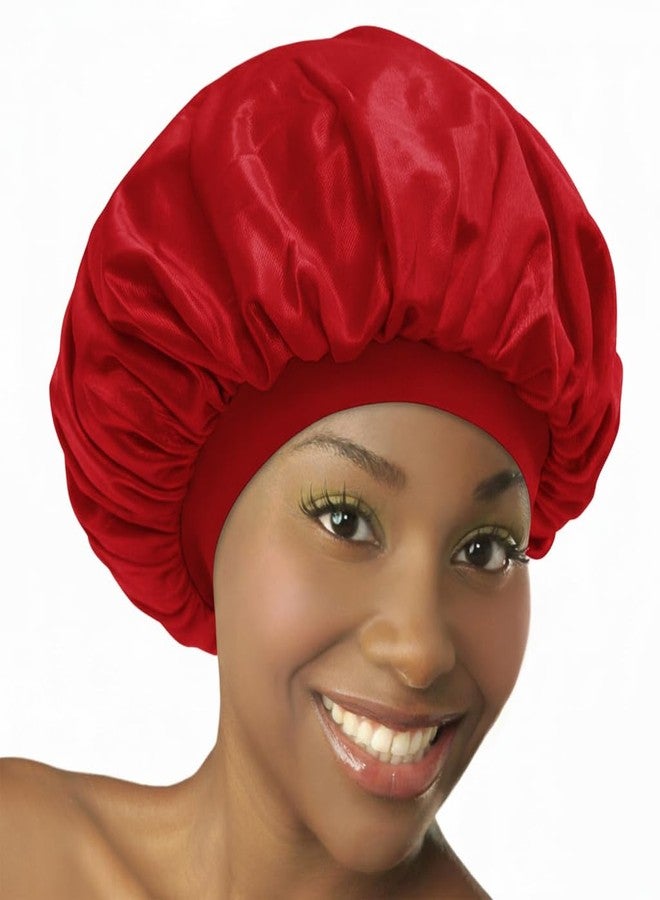 DONNA Olive Oil + Vitamin E Treated Silky Soft Satin Bonnet - Wide Band Sleep Cap for Nighttime Hair Protection - Edge-Friendly, Stays On All Night, Shower Caps for Women (RED)
