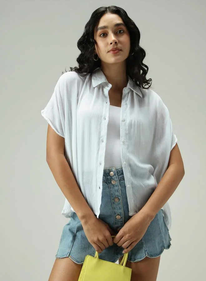 Outzidr  White Solid Flowy Shirt for Women | Best Price UAE