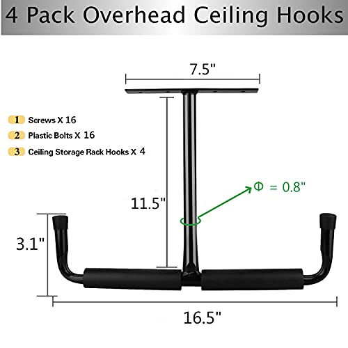 HOSKO Overhead Garage Storage Hooks Rack Ceiling Mounted, Heavy Duty Utility Hooks Ladder Hangers for Pipe, Lumber, Fishing Rod and Ski Board | 4 Pack Black - Image 3