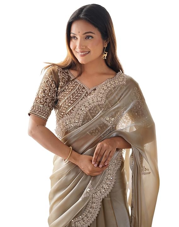 SAREE MALL Women's Cream Tissue Soft Silk Embroidered Saree With Unstitched Blouse Piece (RADHA1904_RX) - Image 1
