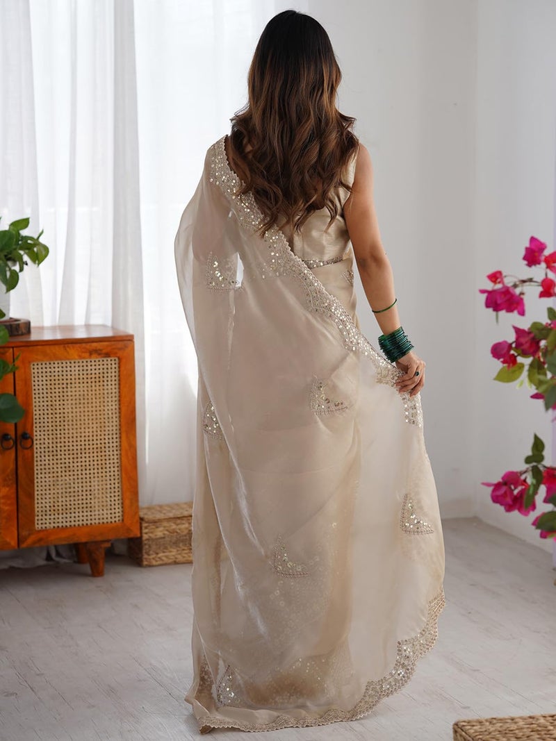 SAREE MALL Women's Cream Tissue Soft Silk Embroidered Saree With Unstitched Blouse Piece (RADHA1904_RX) - Image 2