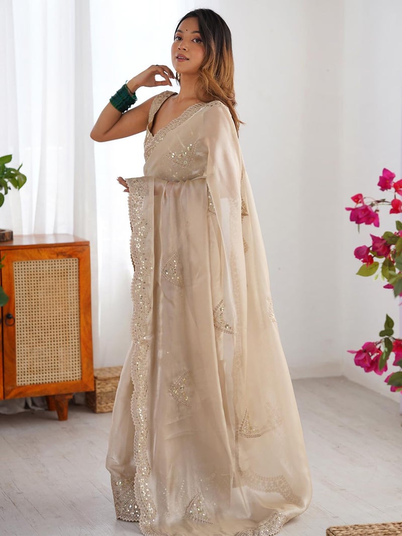 SAREE MALL Women's Cream Tissue Soft Silk Embroidered Saree With Unstitched Blouse Piece (RADHA1904_RX) - Image 4