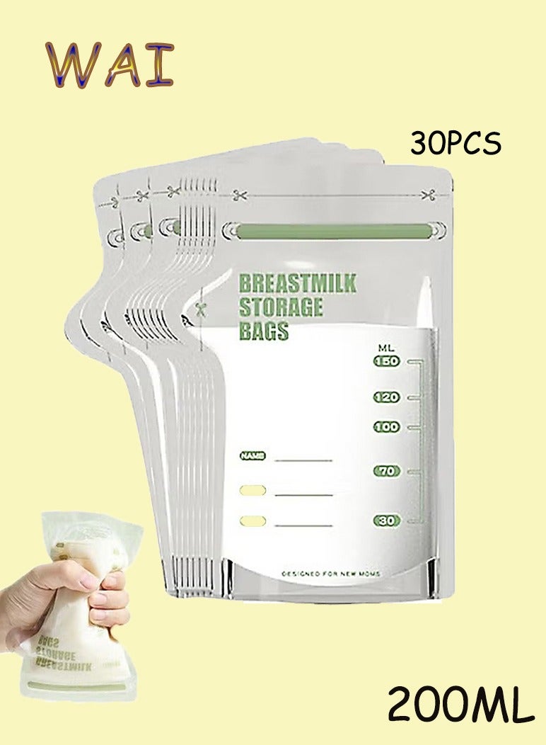 دبليو أيه آي 30 قطعة من أكياس تخزين حليب الأم، أكياس تخزين حليب للاستخدام مرة واحدة للرضاعة الطبيعية، أكياس تخزين حليب مانعة للتسرب في الفريزر، 200 مل - Image 1