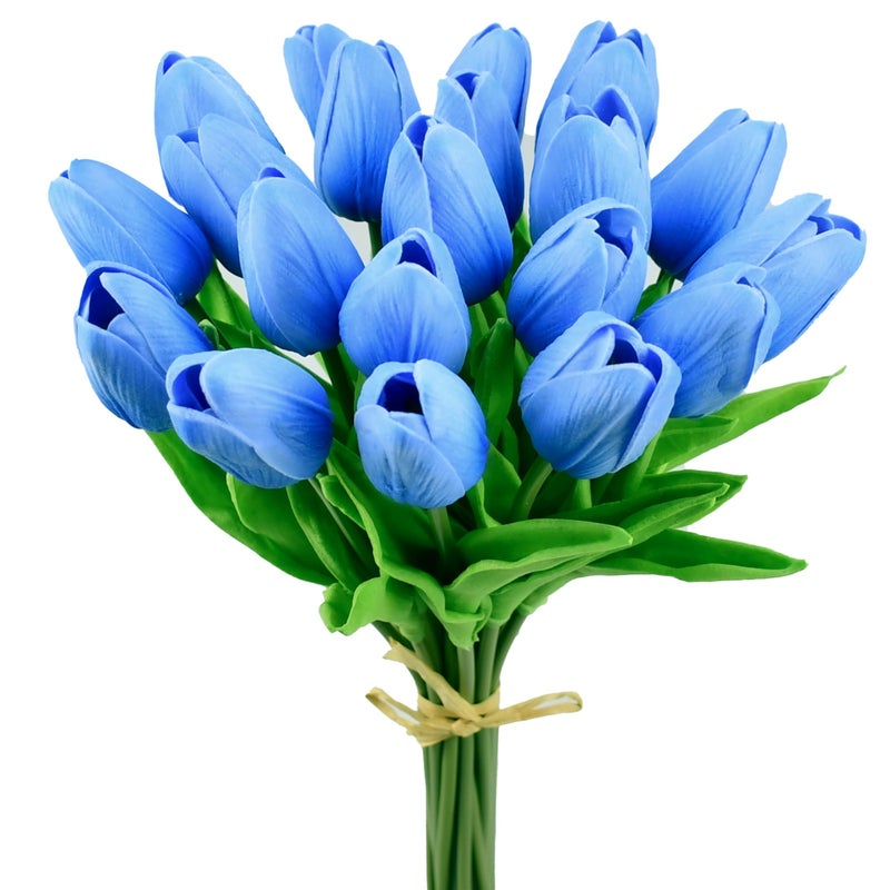 Mandy's Artificial Tulips 20 Stems Light Blue PU Faux Flowers for Valentine's Day and Easter Decorations Wedding Home Decor 13.5 Inch - Image 1