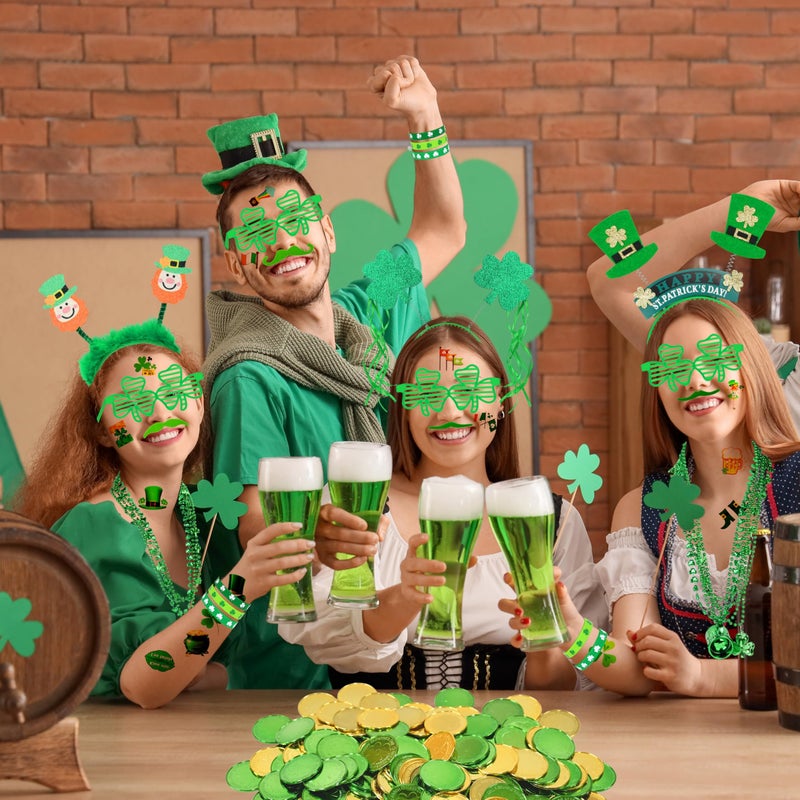 Seifar 202 Pack St. Patricks Day Accessories, Shamrock Glasses Necklaces Bracelets Headbands Mustaches Tattoos Stickers Gold Coins St. Patrick's Day Accessories Irish Decorations Supplies - Image 5