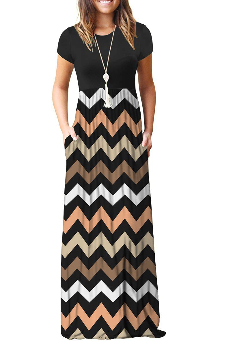 MISFAY Women Short Sleeve Loose Plain Maxi Dresses Casual Long Dresses Pockets(Striped Black,XL) - Image 1