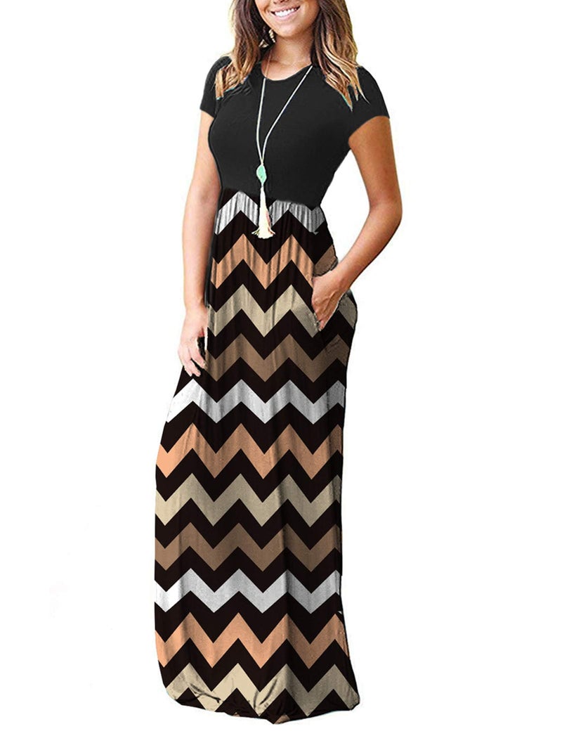 MISFAY Women Short Sleeve Loose Plain Maxi Dresses Casual Long Dresses Pockets(Striped Black,XL) - Image 3