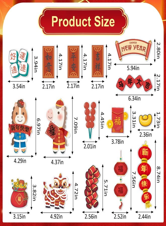 Hying 64 PCS Chinese New Year Cutouts Spring Festival Bulletin Board Decorations Set 2026 Horse Year Cut-Outs Firecrackers Red Envelopes Paper Cutouts with Glue Points for Window Door Decorations - Image 2