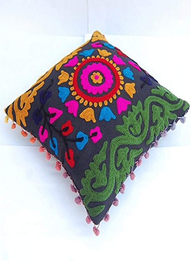 INDACORIFY Traditional Jaipur Embroidered Indian Designer Pillow Cases with Suzani Touch Home Textile Cotton Pillow Cases Sofa Cushions Cover Pom Poms (1) - Image 4