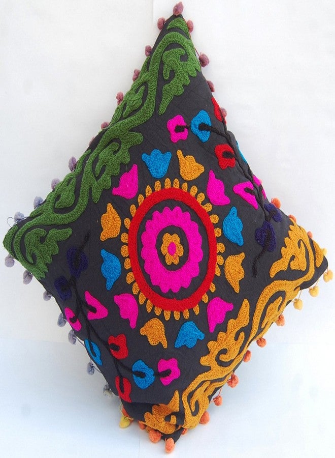 INDACORIFY Traditional Jaipur Embroidered Indian Designer Pillow Cases with Suzani Touch Home Textile Cotton Pillow Cases Sofa Cushions Cover Pom Poms (1) - Image 2