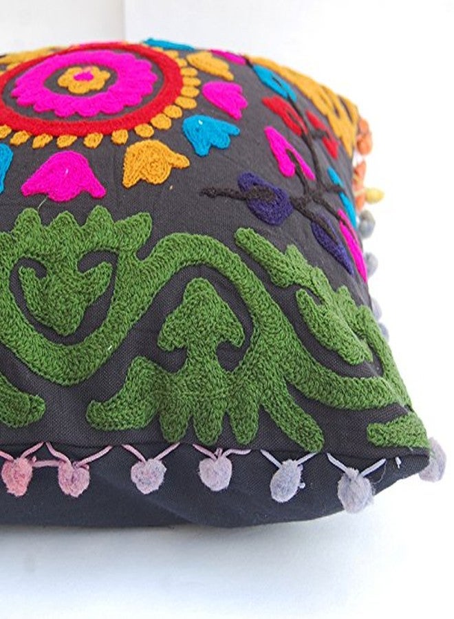 INDACORIFY Traditional Jaipur Embroidered Indian Designer Pillow Cases with Suzani Touch Home Textile Cotton Pillow Cases Sofa Cushions Cover Pom Poms (1) - Image 5