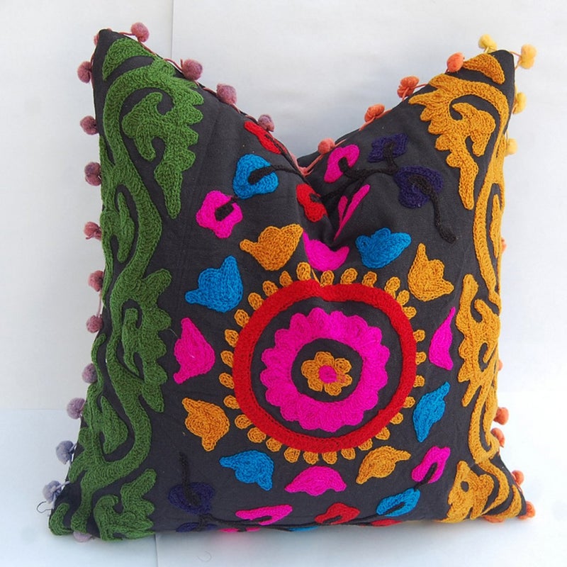 INDACORIFY Traditional Jaipur Embroidered Indian Designer Pillow Cases with Suzani Touch Home Textile Cotton Pillow Cases Sofa Cushions Cover Pom Poms (1) - Image 1