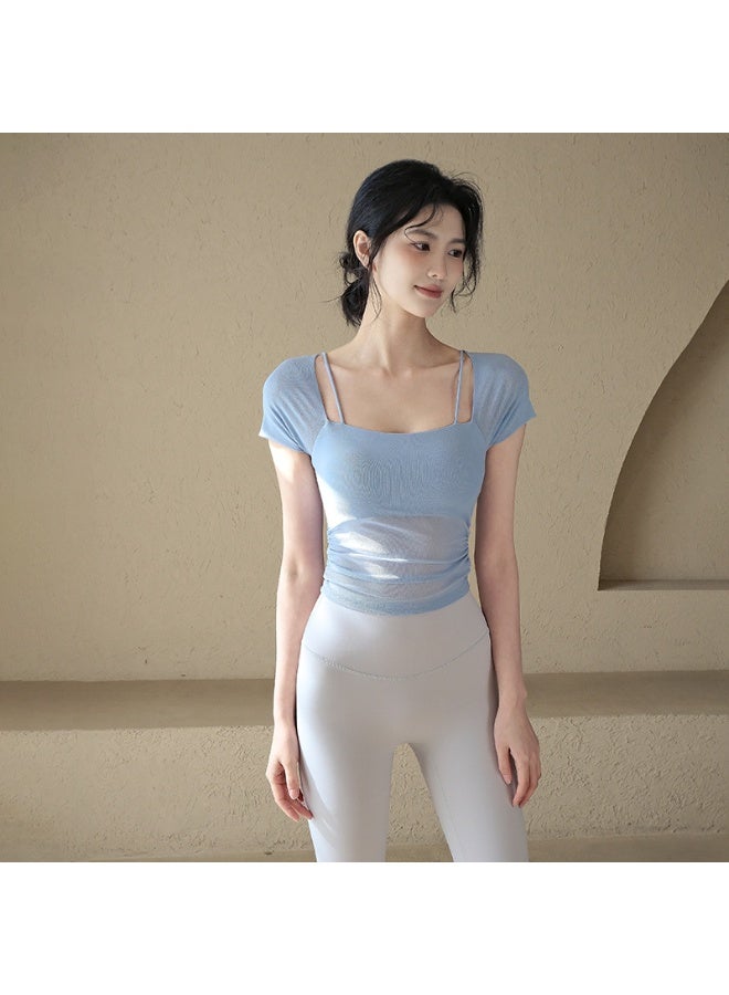 Spring Summer  With Chest Pad Pleated Slim Yoga Fitness Women Sports T-Shirt - Image 1