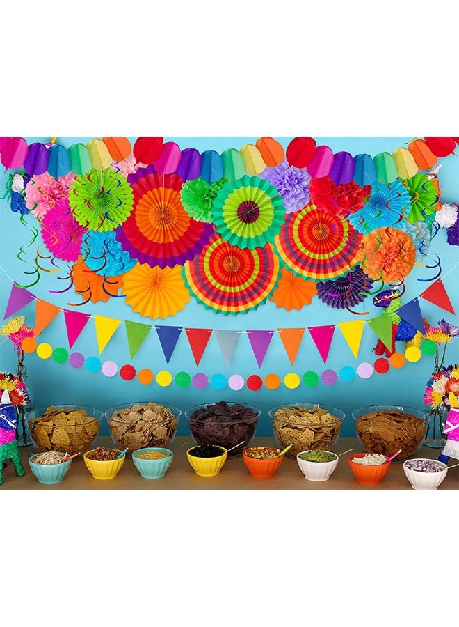 S-Quality Colorful Paper Fan & Flower Garland Party Decoration Set – Rainbow Paper Fans, Tissue Pom Poms, Triangle Bunting, Balloon Banner, Circle & Spiral Hanging Decor - Image 1
