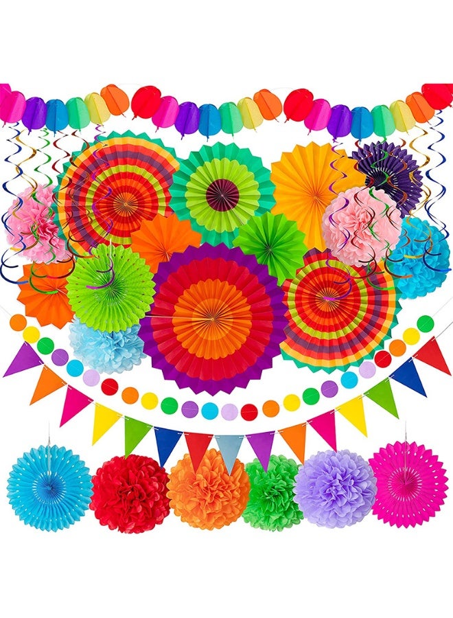 S-Quality Colorful Paper Fan & Flower Garland Party Decoration Set – Rainbow Paper Fans, Tissue Pom Poms, Triangle Bunting, Balloon Banner, Circle & Spiral Hanging Decor - Image 2