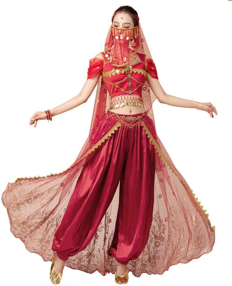 ORIDOOR Women's New Aladdin Jasmine Princess Belly Dance Halloween Costume Set Belly Dance for Dress Up Party 5 Piece Outfit (Small Wine red)… - Image 1