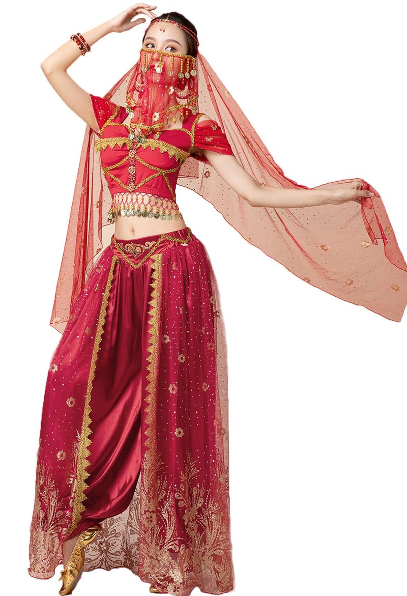 ORIDOOR Women's New Aladdin Jasmine Princess Belly Dance Halloween Costume Set Belly Dance for Dress Up Party 5 Piece Outfit (Small Wine red)… - Image 2