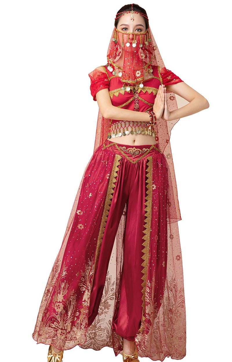 ORIDOOR Women's New Aladdin Jasmine Princess Belly Dance Halloween Costume Set Belly Dance for Dress Up Party 5 Piece Outfit (Small Wine red)… - Image 4