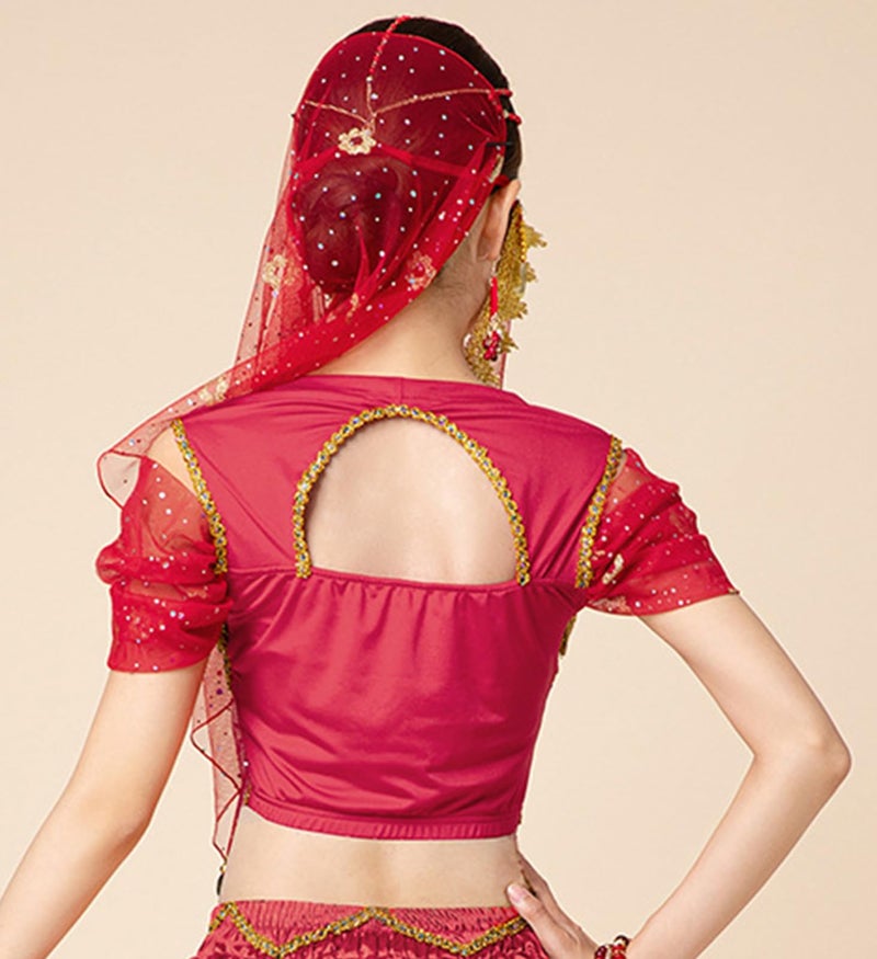 ORIDOOR Women's New Aladdin Jasmine Princess Belly Dance Halloween Costume Set Belly Dance for Dress Up Party 5 Piece Outfit (Small Wine red)… - Image 5
