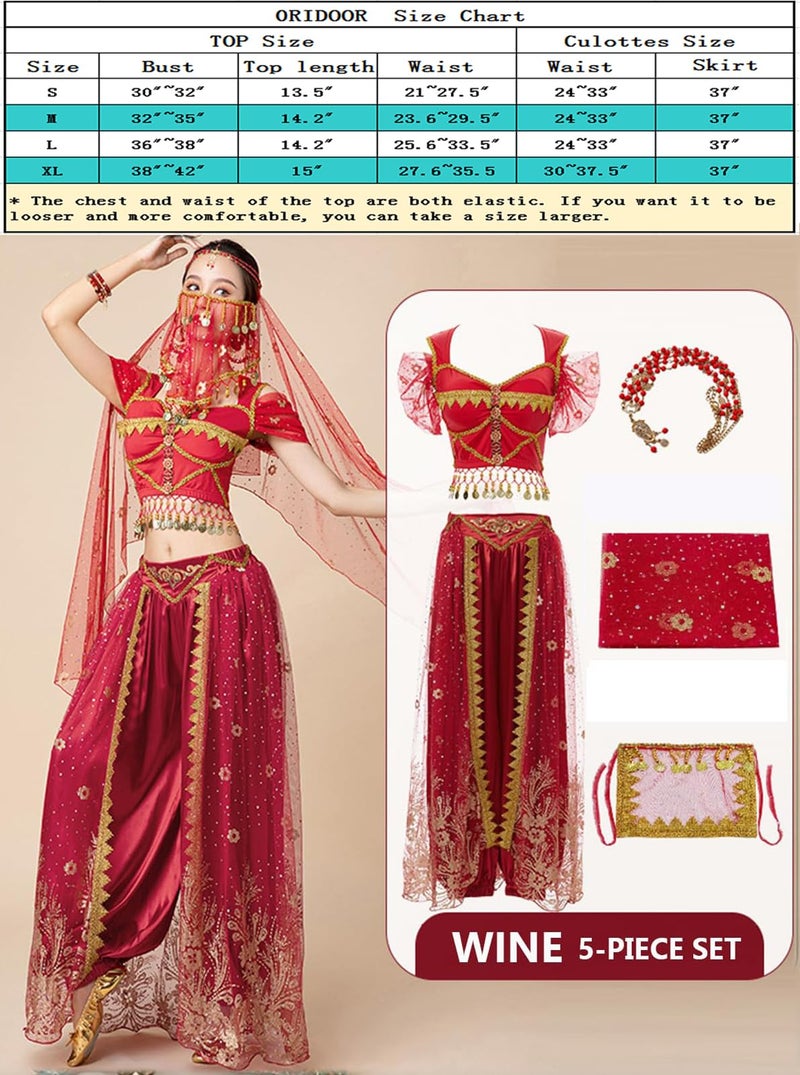 ORIDOOR Women's New Aladdin Jasmine Princess Belly Dance Halloween Costume Set Belly Dance for Dress Up Party 5 Piece Outfit (Small Wine red)… - Image 3
