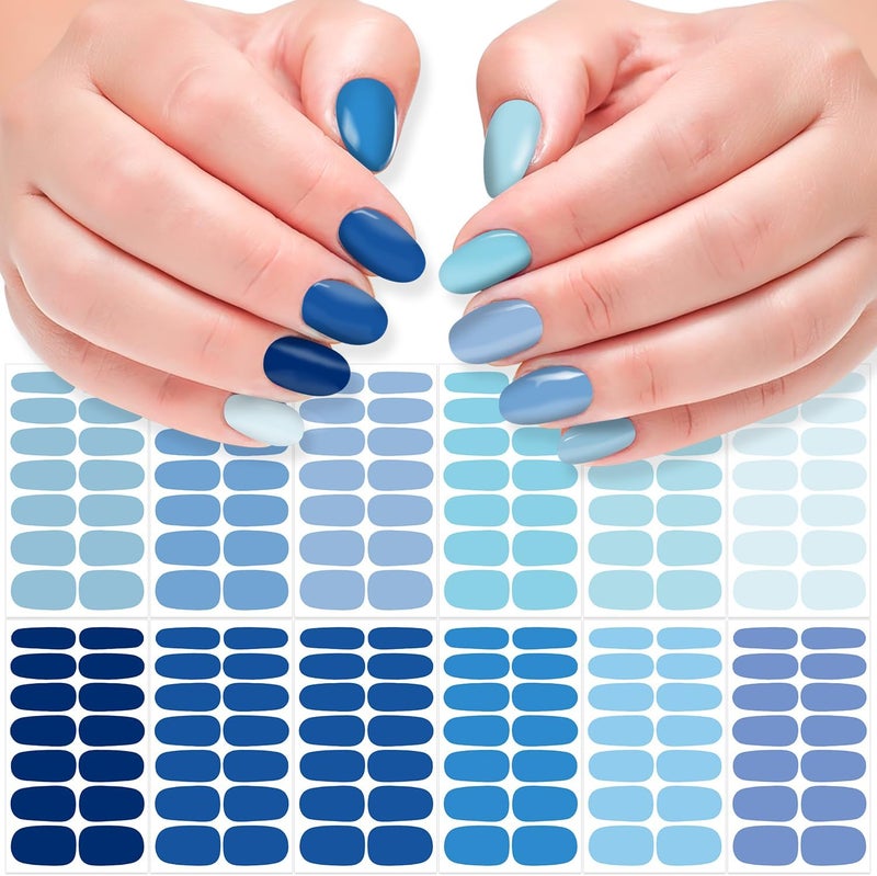 DANNEASY 12 Sheets Nail Polish Stickers Full Nail Wraps for Women Solid Color Fingernails Wraps Self Adhesive Nail Polish Strips Gel Nail Strips with Nail File, Cuticle Stick - Blue