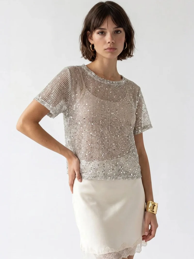 MixRay MIXRAY Sequin Woven Crew Neck Blouse