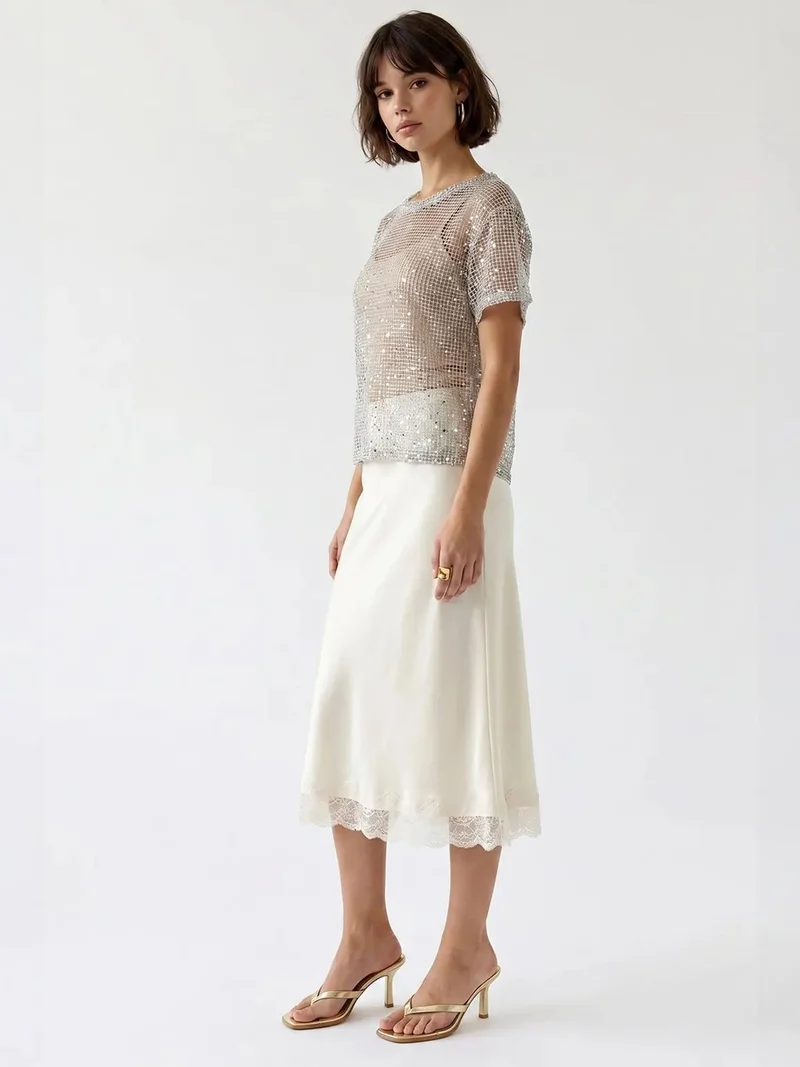 MixRay MIXRAY Sequin Woven Crew Neck Blouse