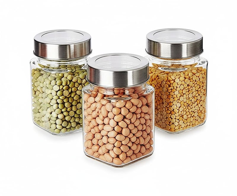 MACHAK Cubikal Kitchen Storage Glass Jar For Grocery With See Through Steel Cap, 310ml, Clear (Set of 3) - Image 1