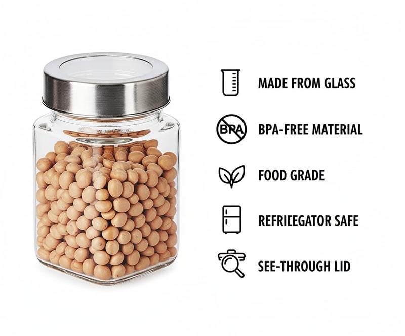 MACHAK Cubikal Kitchen Storage Glass Jar For Grocery With See Through Steel Cap, 310ml, Clear (Set of 3) - Image 2
