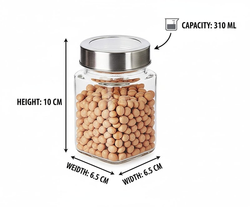 MACHAK Cubikal Kitchen Storage Glass Jar For Grocery With See Through Steel Cap, 310ml, Clear (Set of 3) - Image 3