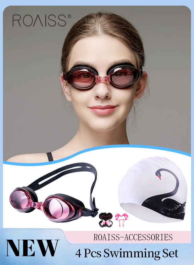 roaiss 4 Pcs Women Swim Goggle Set, HD Waterproof Red Swimming Goggles, Outdoor Swimming Gear with Goggle, Swimming Cap, Nose Clip and Earplugs for Women  - Image 1