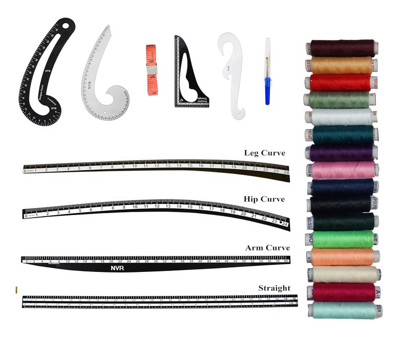 NVR Sewing Starter Kit with 12 Reels of Thread 2 Armhole Gauges Leg Curve Hip Curve Straight Tape Arm Curve French Curve Triangle Seam Ripper and Tape Measure