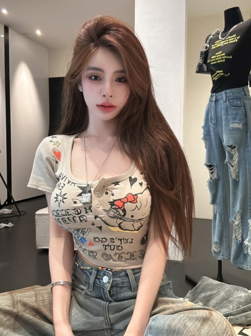 Sweet Spice Girl Cat Printed Short T-Shirt Women'S White Slim-Fit Design Niche Short-Sleeved Top - Image 2