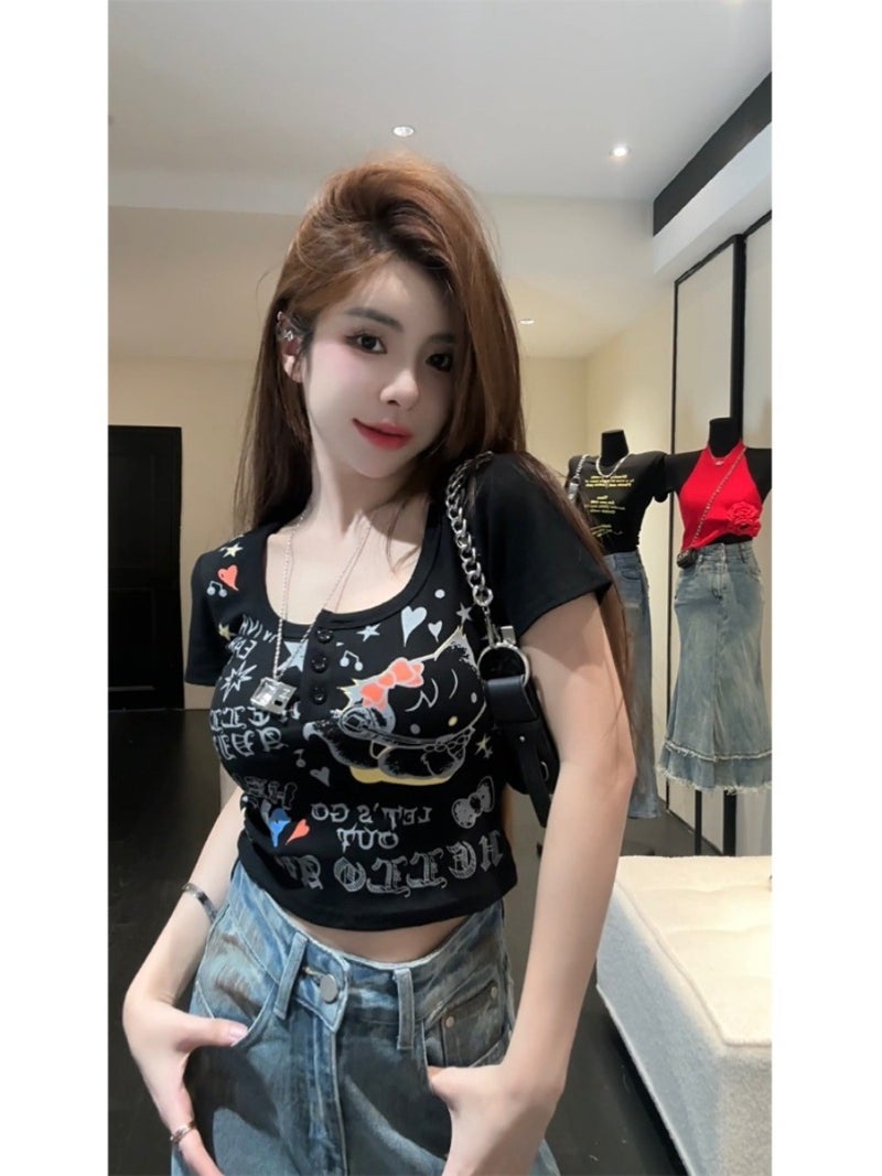 Sweet Spice Girl Cat Printed Short T-Shirt Women'S White Slim-Fit Design Niche Short-Sleeved Top - Image 4